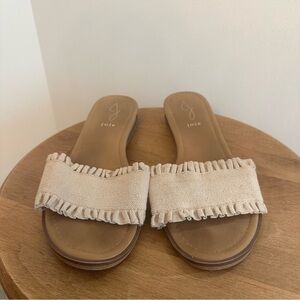 Joie Eidel Ruffle Sandal Womens Size 9.5 Beige Tan Canvas Material Slide Slip On